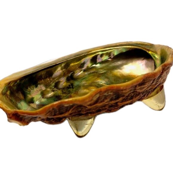 Vintage ABALONE RARE Golden Green Iridescence Shell  Footed Bowl Dish MCM - Picture 6 of 10